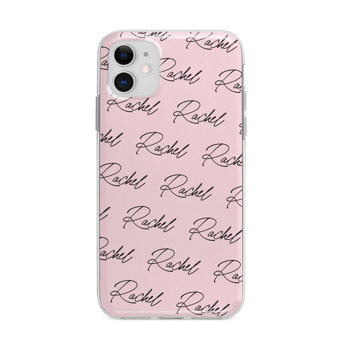 Personalised Pink Script Name Pattern Apple iPhone 11 in White with Bumper Case