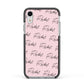 Personalised Pink Script Name Pattern Apple iPhone XR Impact Case Black Edge on Silver Phone