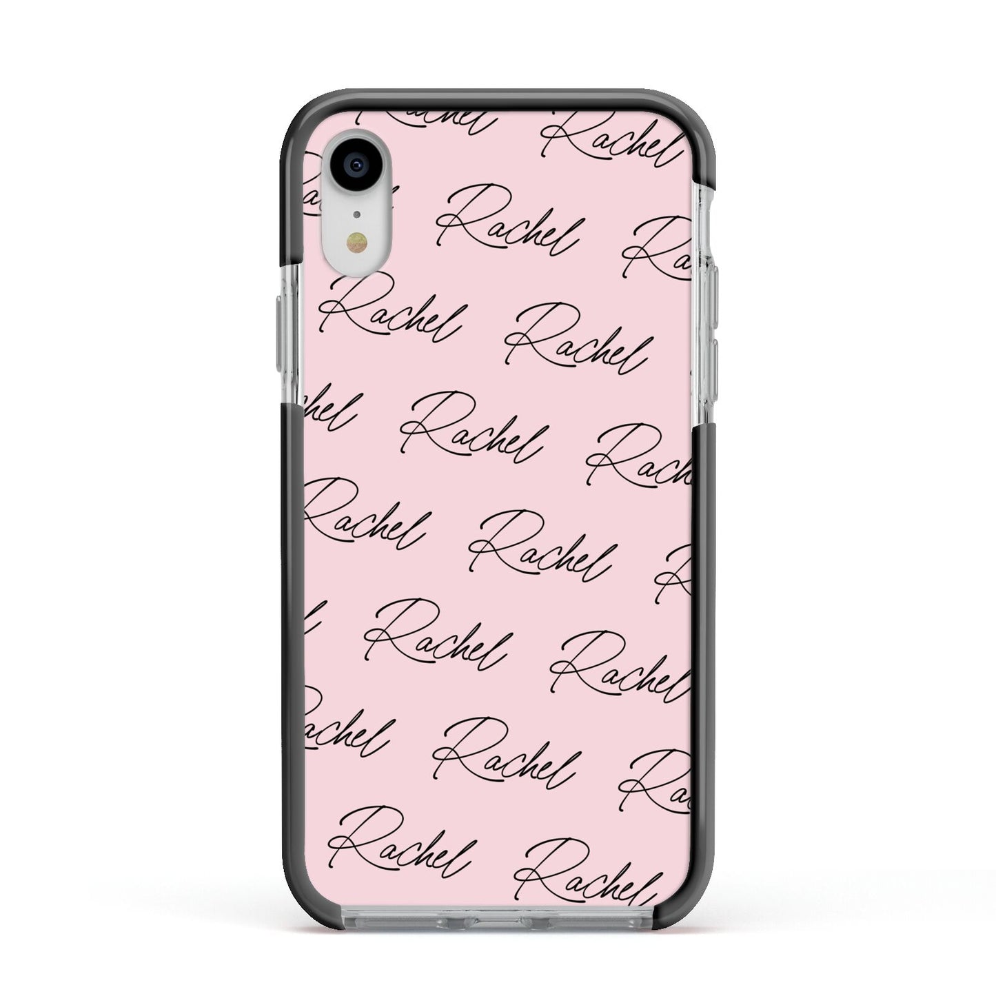 Personalised Pink Script Name Pattern Apple iPhone XR Impact Case Black Edge on Silver Phone