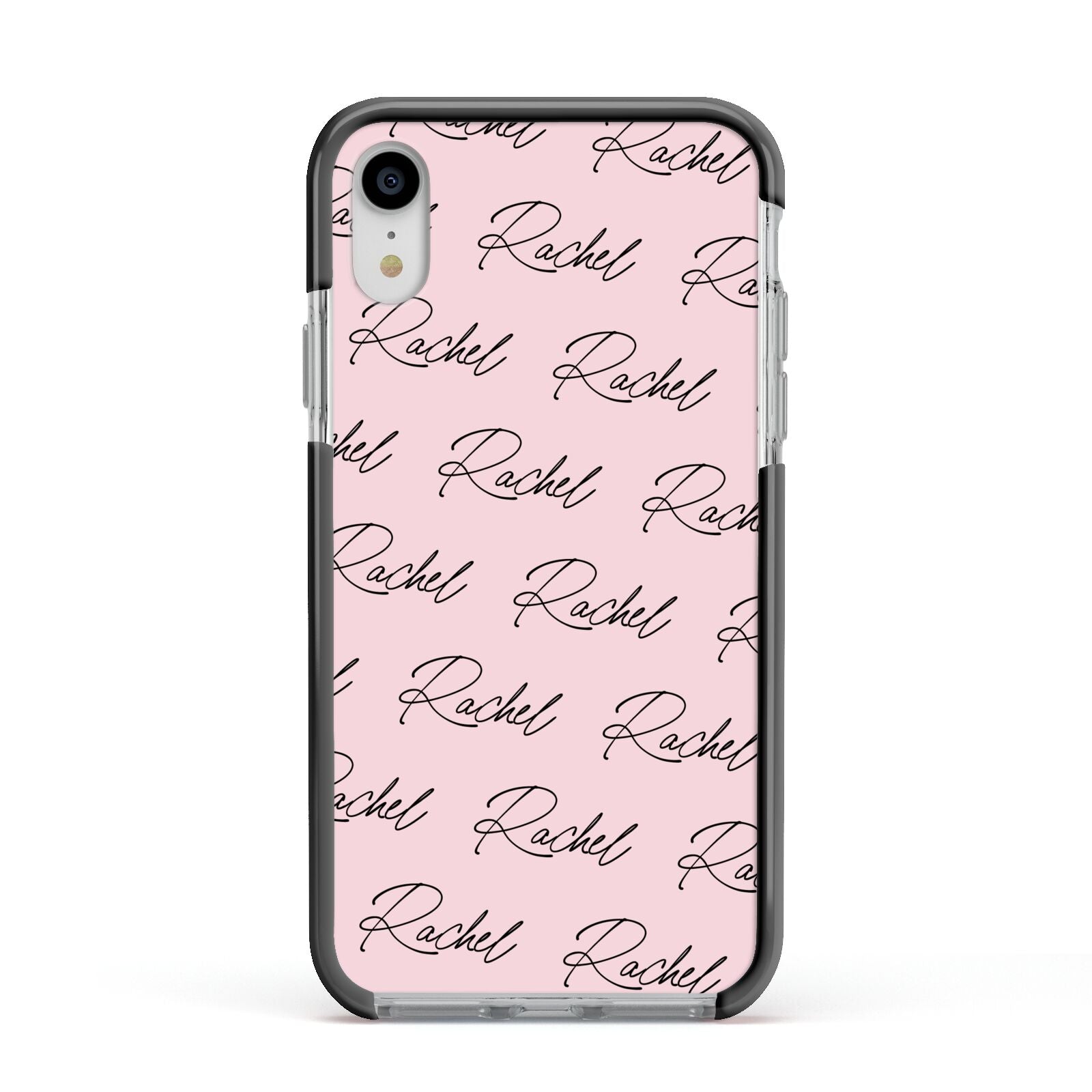 Personalised Pink Script Name Pattern Apple iPhone XR Impact Case Black Edge on Silver Phone