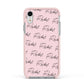 Personalised Pink Script Name Pattern Apple iPhone XR Impact Case Pink Edge on Silver Phone
