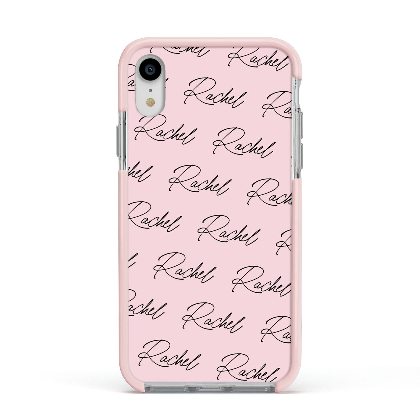 Personalised Pink Script Name Pattern Apple iPhone XR Impact Case Pink Edge on Silver Phone
