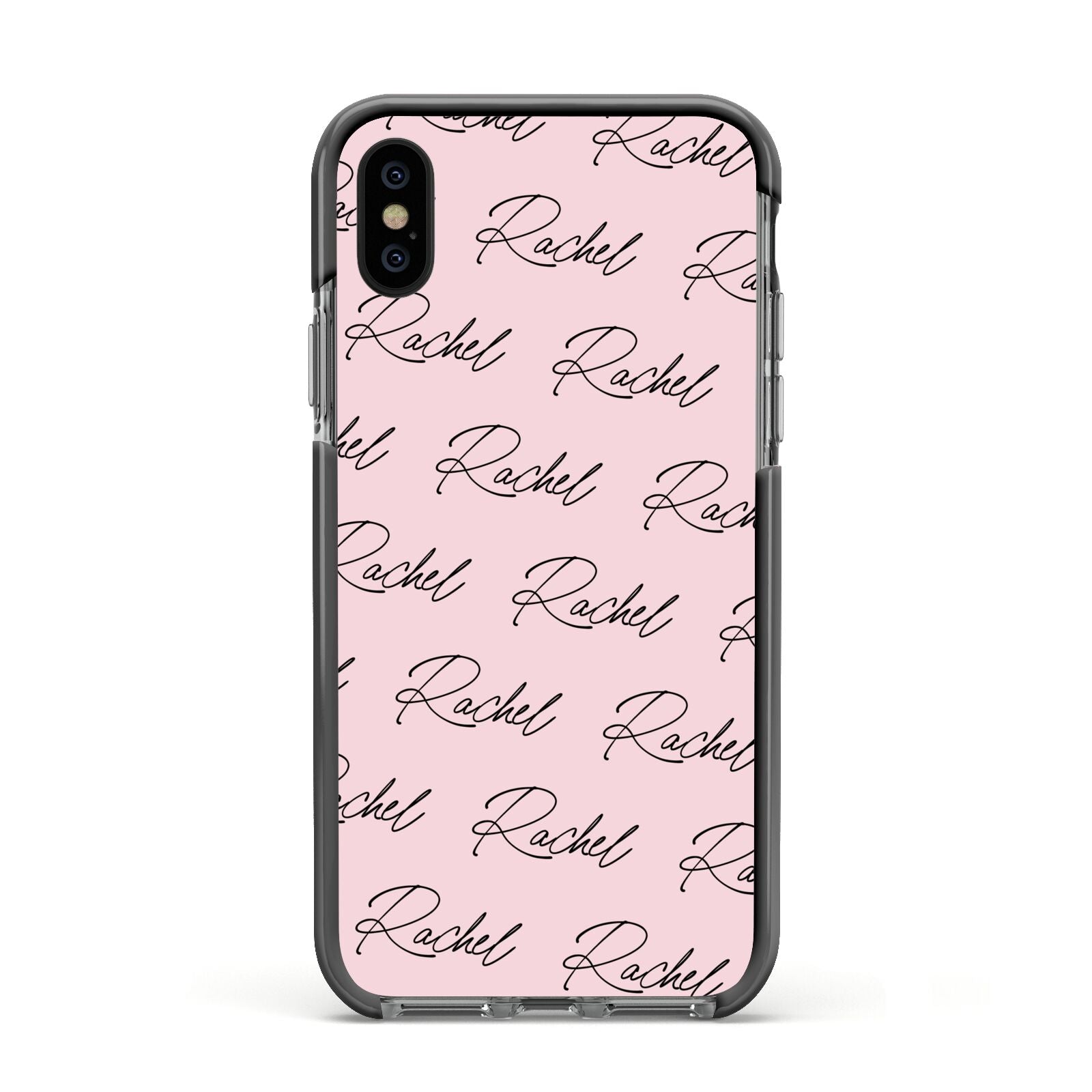 Personalised Pink Script Name Pattern Apple iPhone Xs Impact Case Black Edge on Black Phone