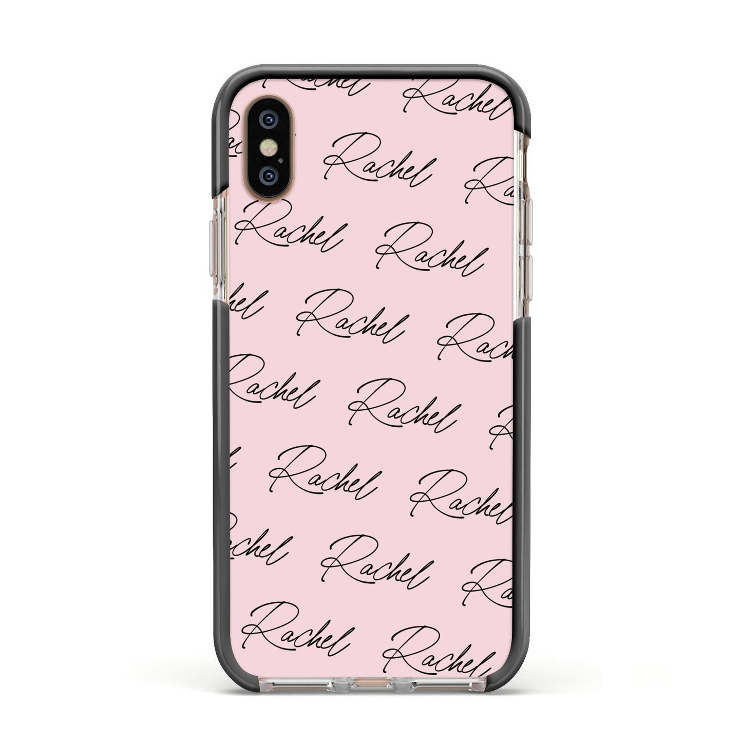 Personalised Pink Script Name Pattern Apple iPhone Xs Impact Case Black Edge on Gold Phone