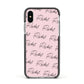 Personalised Pink Script Name Pattern Apple iPhone Xs Impact Case Black Edge on Silver Phone