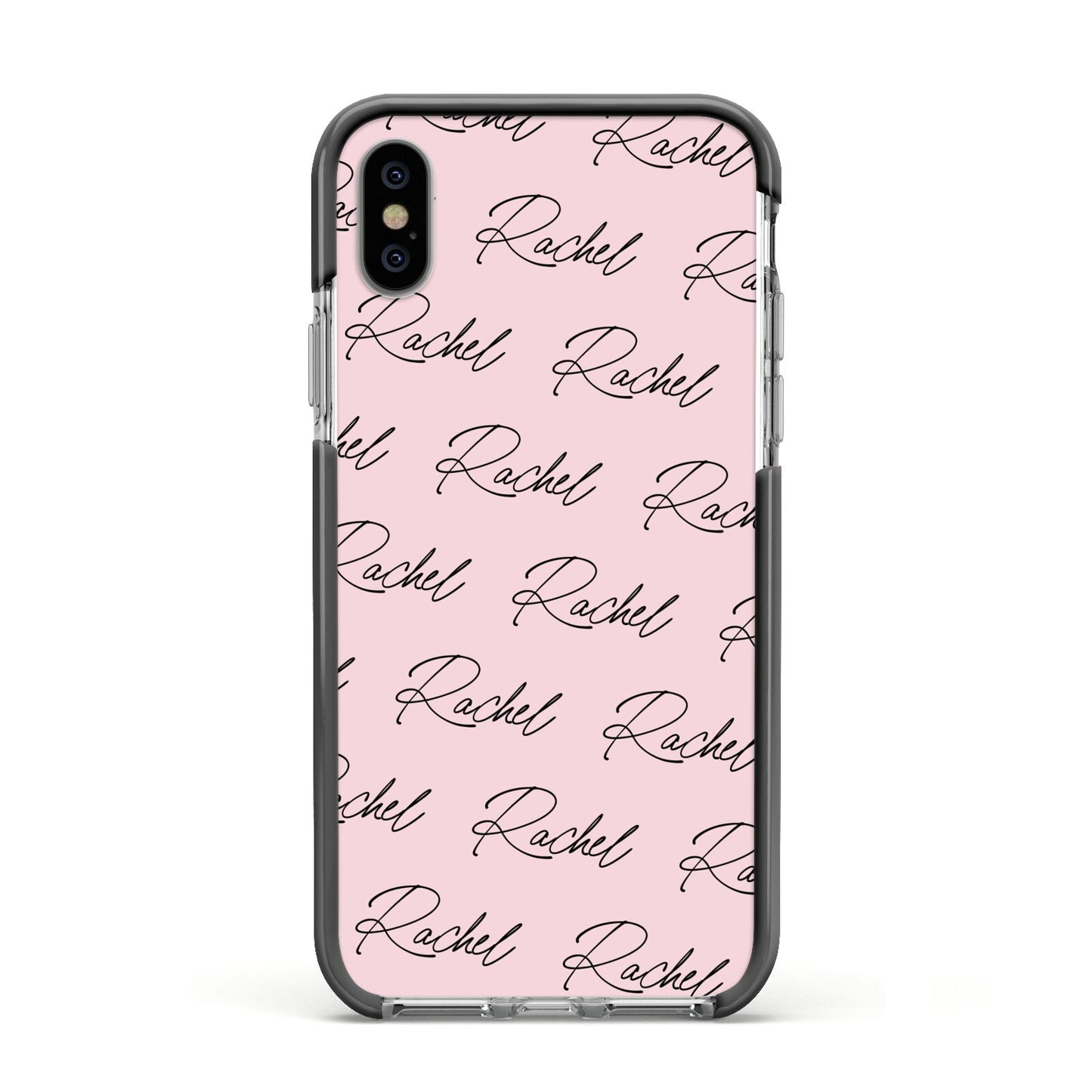 Personalised Pink Script Name Pattern Apple iPhone Xs Impact Case Black Edge on Silver Phone
