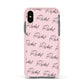 Personalised Pink Script Name Pattern Apple iPhone Xs Impact Case Pink Edge on Black Phone