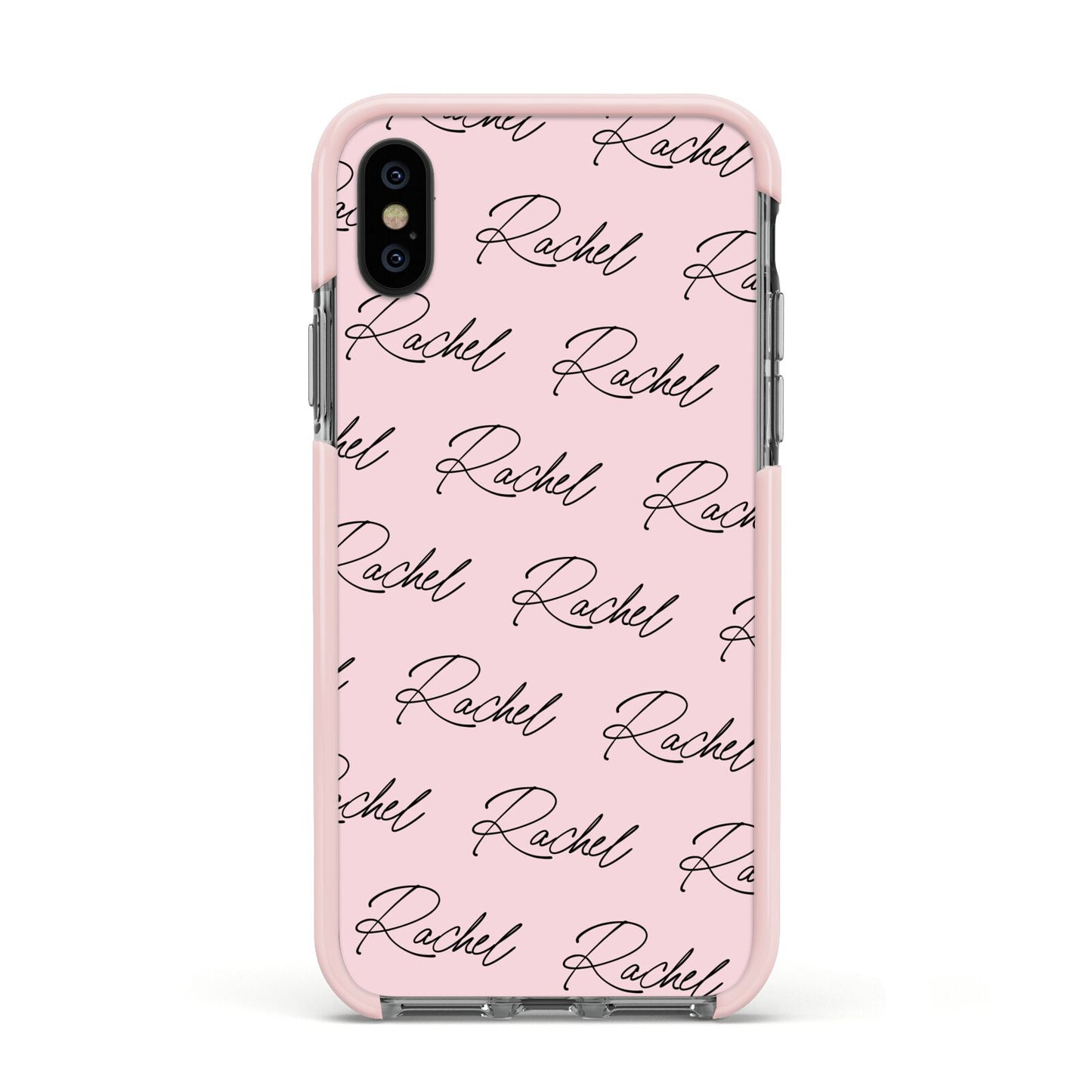 Personalised Pink Script Name Pattern Apple iPhone Xs Impact Case Pink Edge on Black Phone