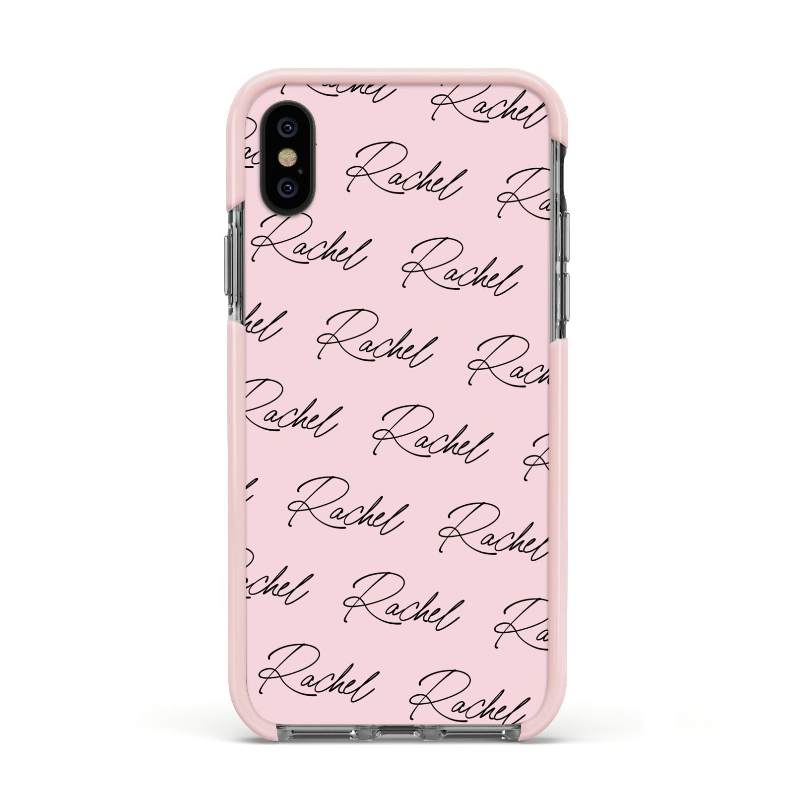 Personalised Pink Script Name Pattern Apple iPhone Xs Impact Case Pink Edge on Black Phone