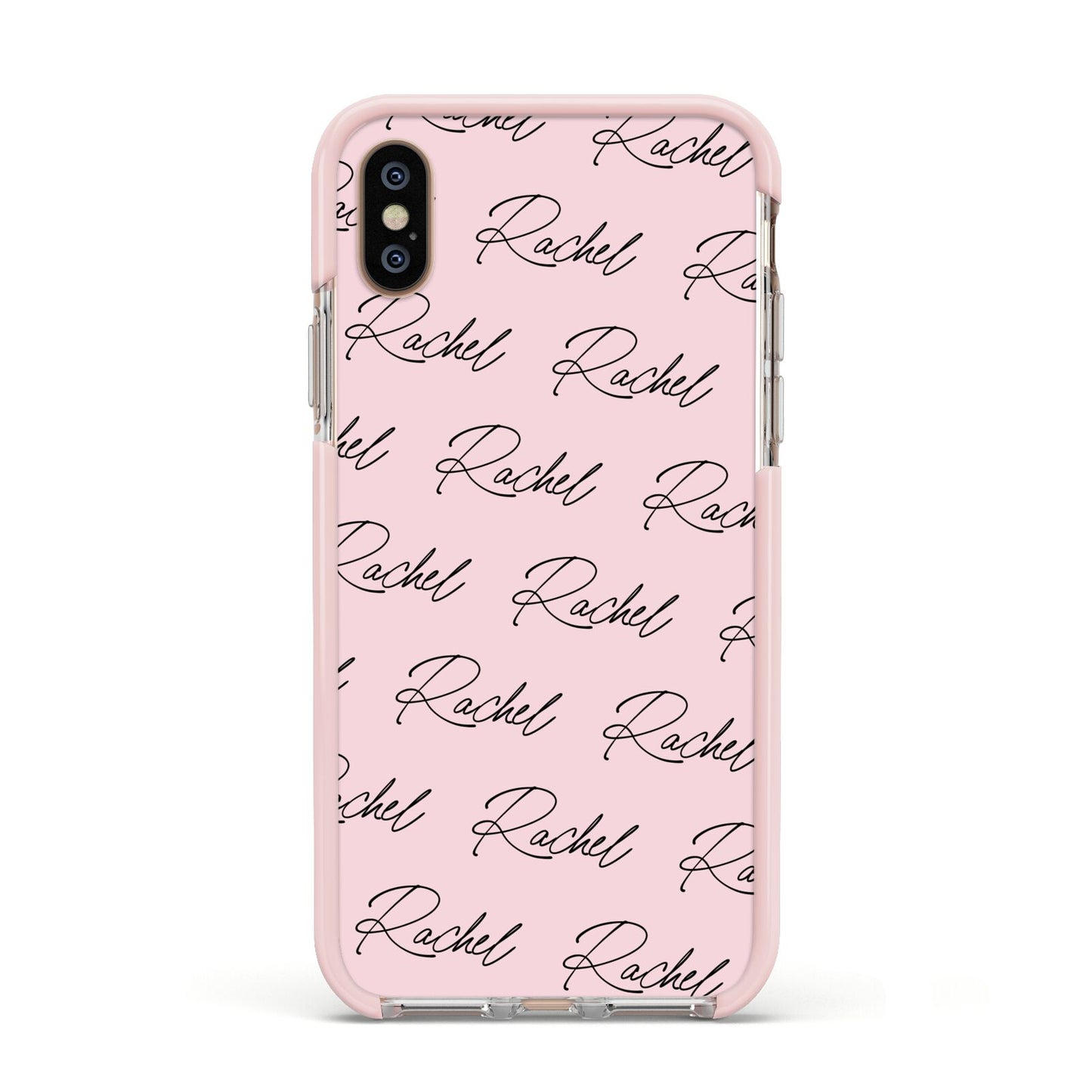 Personalised Pink Script Name Pattern Apple iPhone Xs Impact Case Pink Edge on Gold Phone