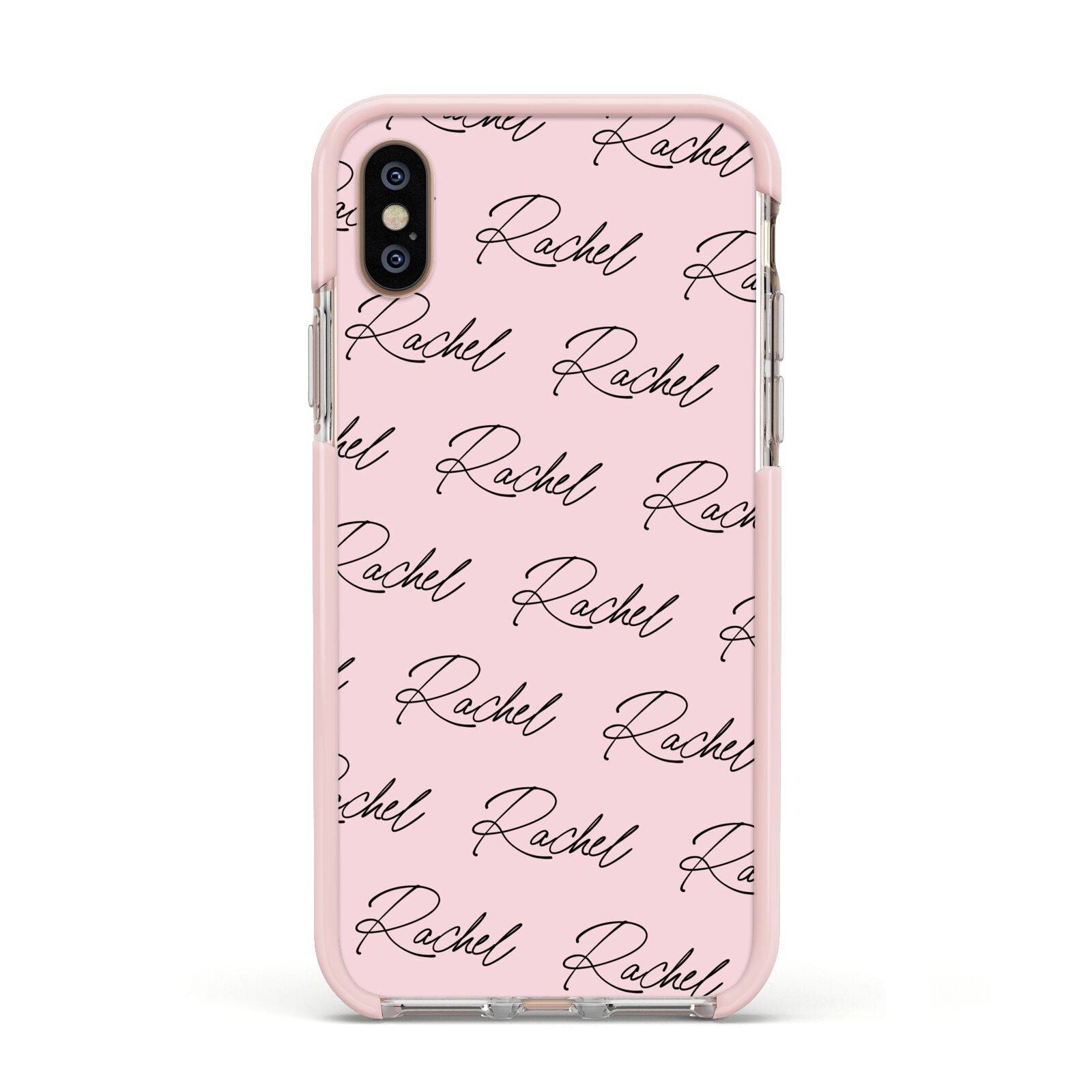 Personalised Pink Script Name Pattern Apple iPhone Xs Impact Case Pink Edge on Gold Phone