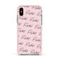 Personalised Pink Script Name Pattern Apple iPhone Xs Impact Case Pink Edge on Silver Phone