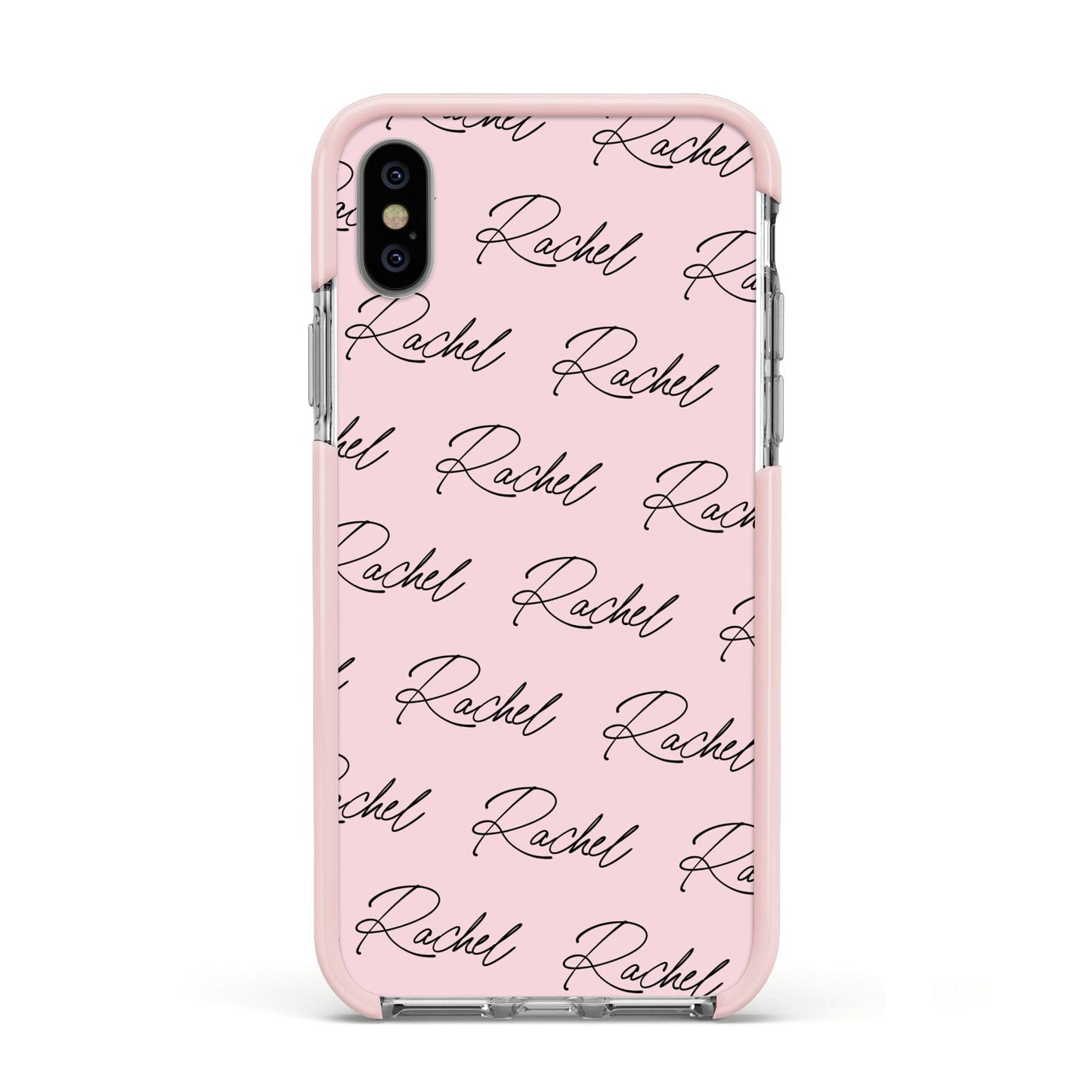 Personalised Pink Script Name Pattern Apple iPhone Xs Impact Case Pink Edge on Silver Phone
