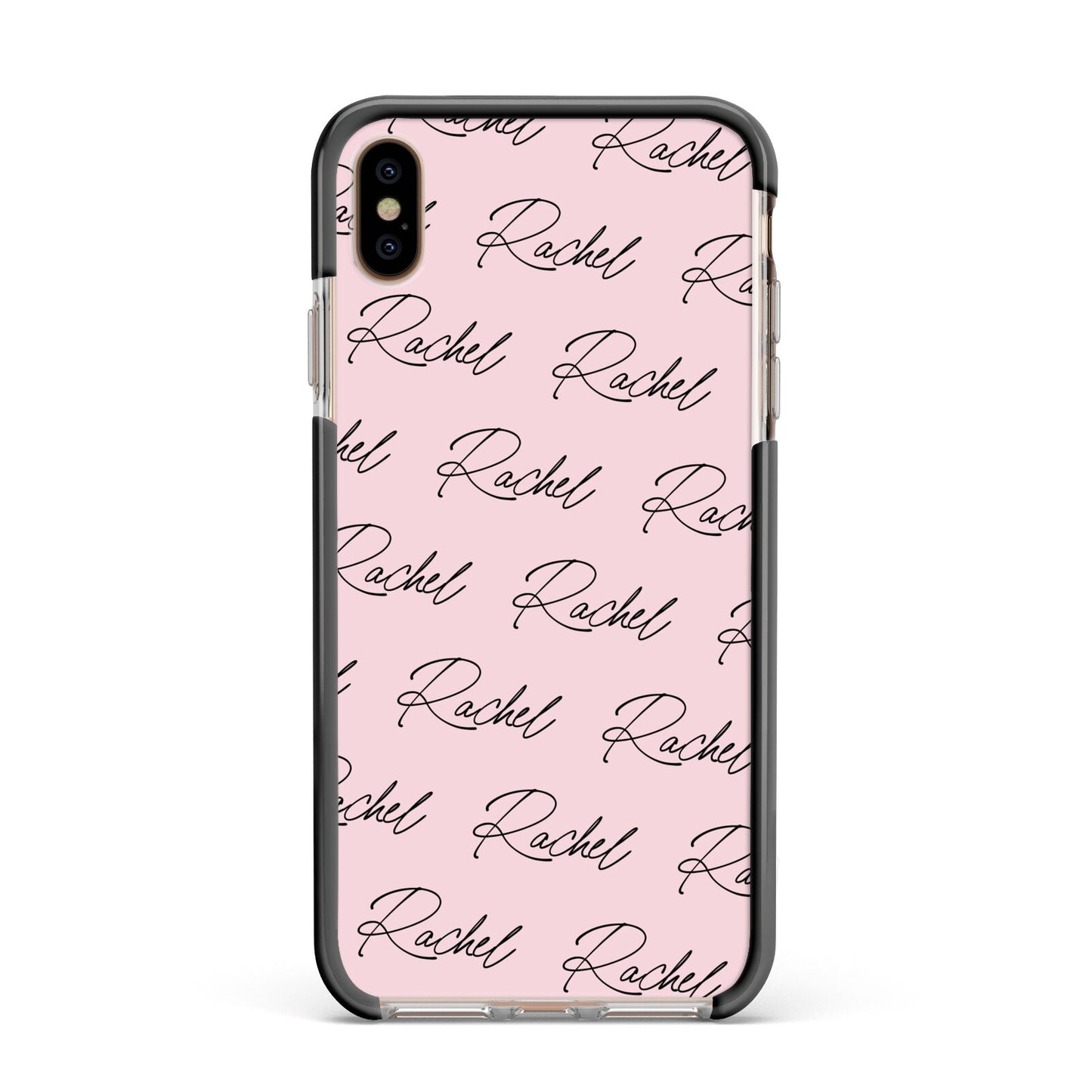 Personalised Pink Script Name Pattern Apple iPhone Xs Max Impact Case Black Edge on Gold Phone