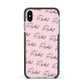 Personalised Pink Script Name Pattern Apple iPhone Xs Max Impact Case Black Edge on Silver Phone