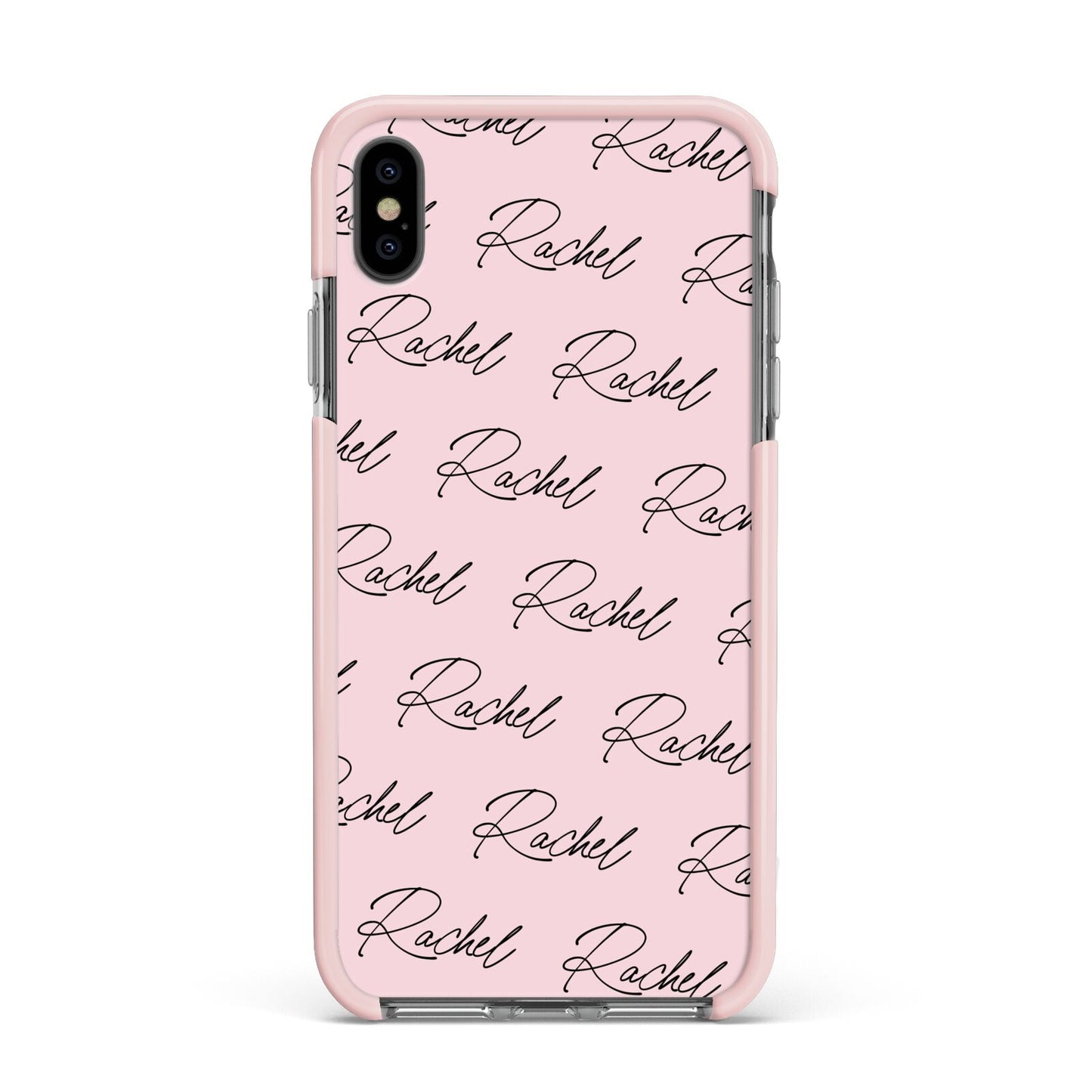 Personalised Pink Script Name Pattern Apple iPhone Xs Max Impact Case Pink Edge on Black Phone
