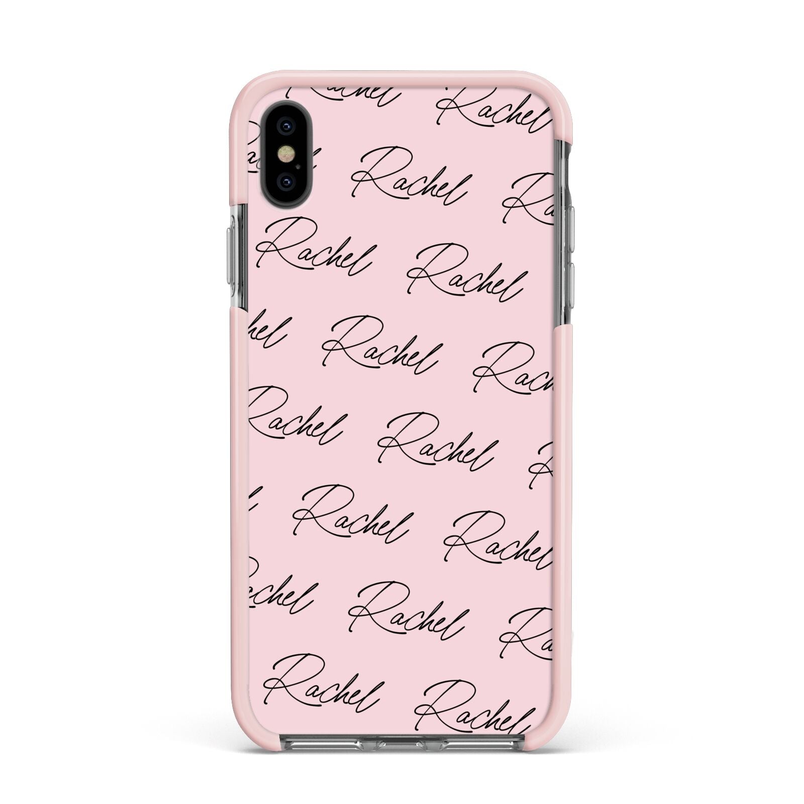 Personalised Pink Script Name Pattern Apple iPhone Xs Max Impact Case Pink Edge on Black Phone