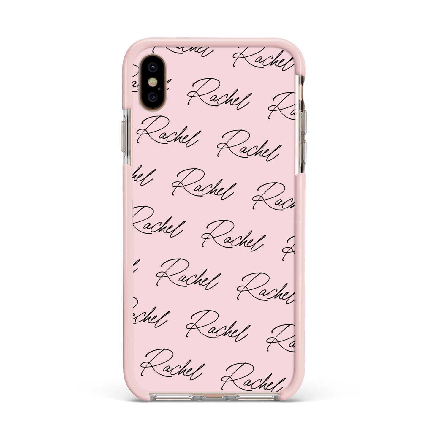 Personalised Pink Script Name Pattern Apple iPhone Xs Max Impact Case Pink Edge on Gold Phone