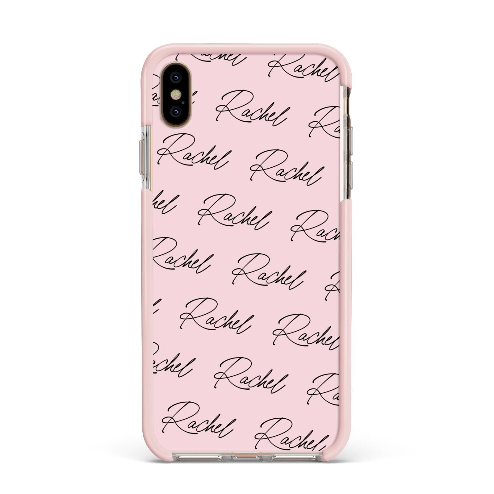 Personalised Pink Script Name Pattern Apple iPhone Xs Max Impact Case Pink Edge on Gold Phone