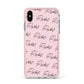 Personalised Pink Script Name Pattern Apple iPhone Xs Max Impact Case Pink Edge on Silver Phone