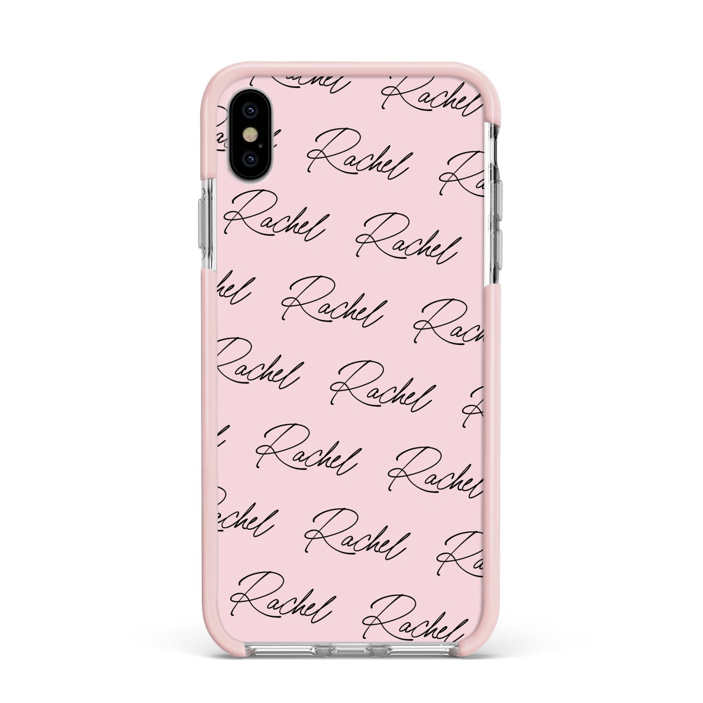 Personalised Pink Script Name Pattern Apple iPhone Xs Max Impact Case Pink Edge on Silver Phone