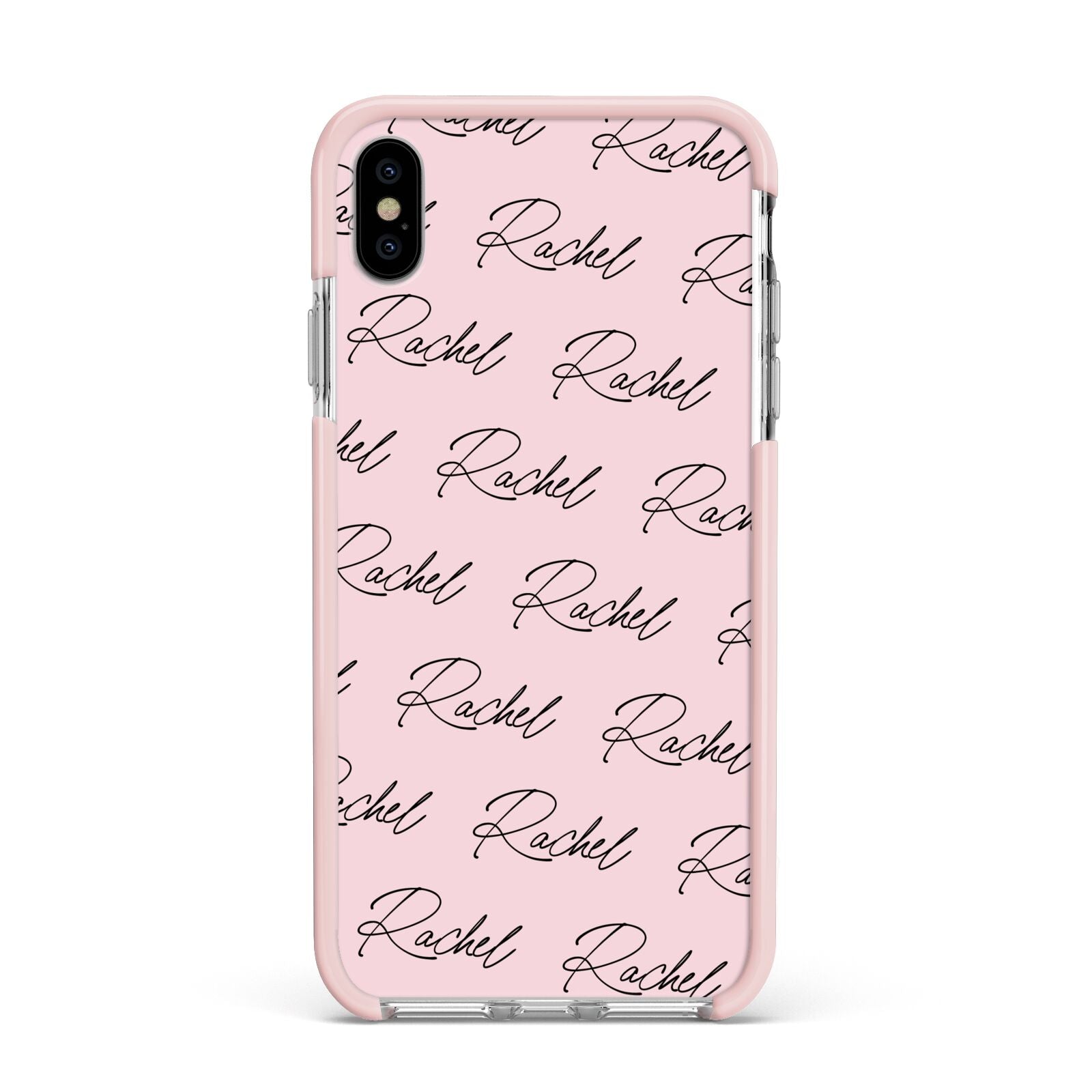 Personalised Pink Script Name Pattern Apple iPhone Xs Max Impact Case Pink Edge on Silver Phone