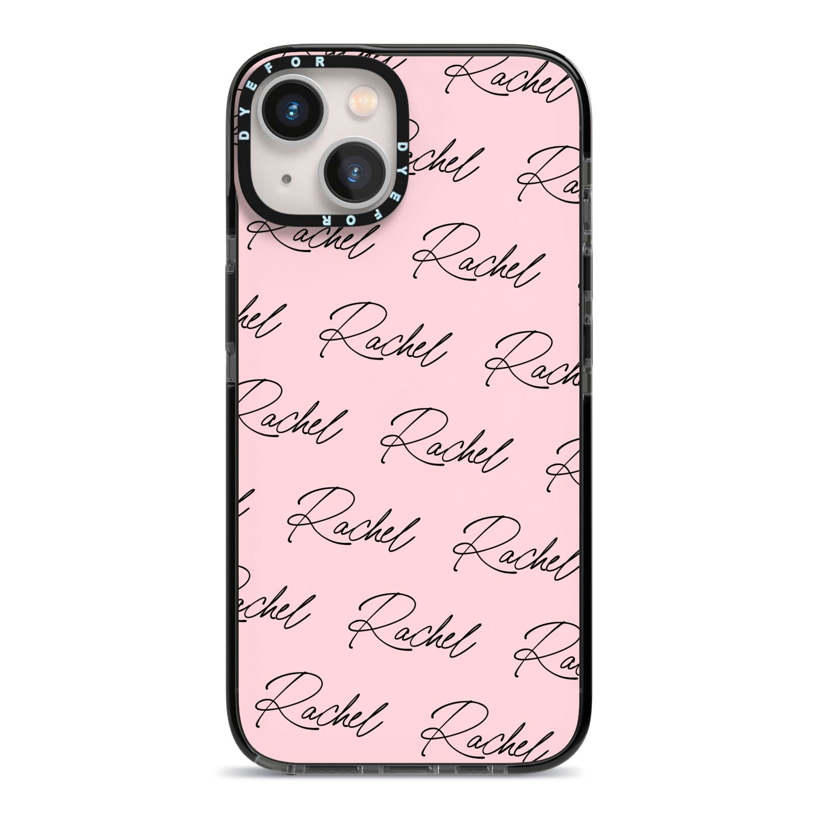 Personalised Pink Script Name Pattern iPhone 13 Black Impact Case on Silver phone