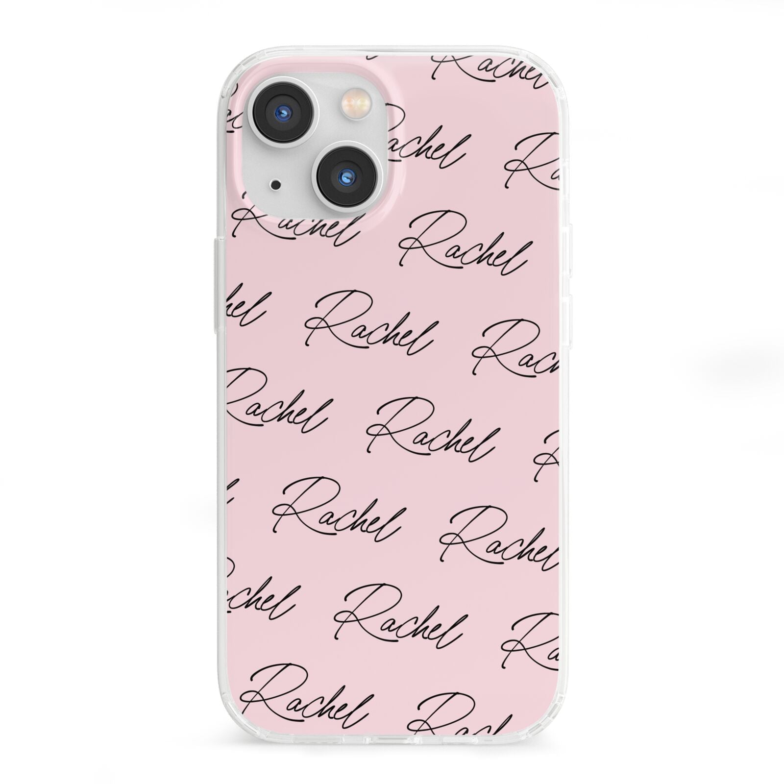 Personalised Pink Script Name Pattern iPhone 13 Mini Clear Bumper Case