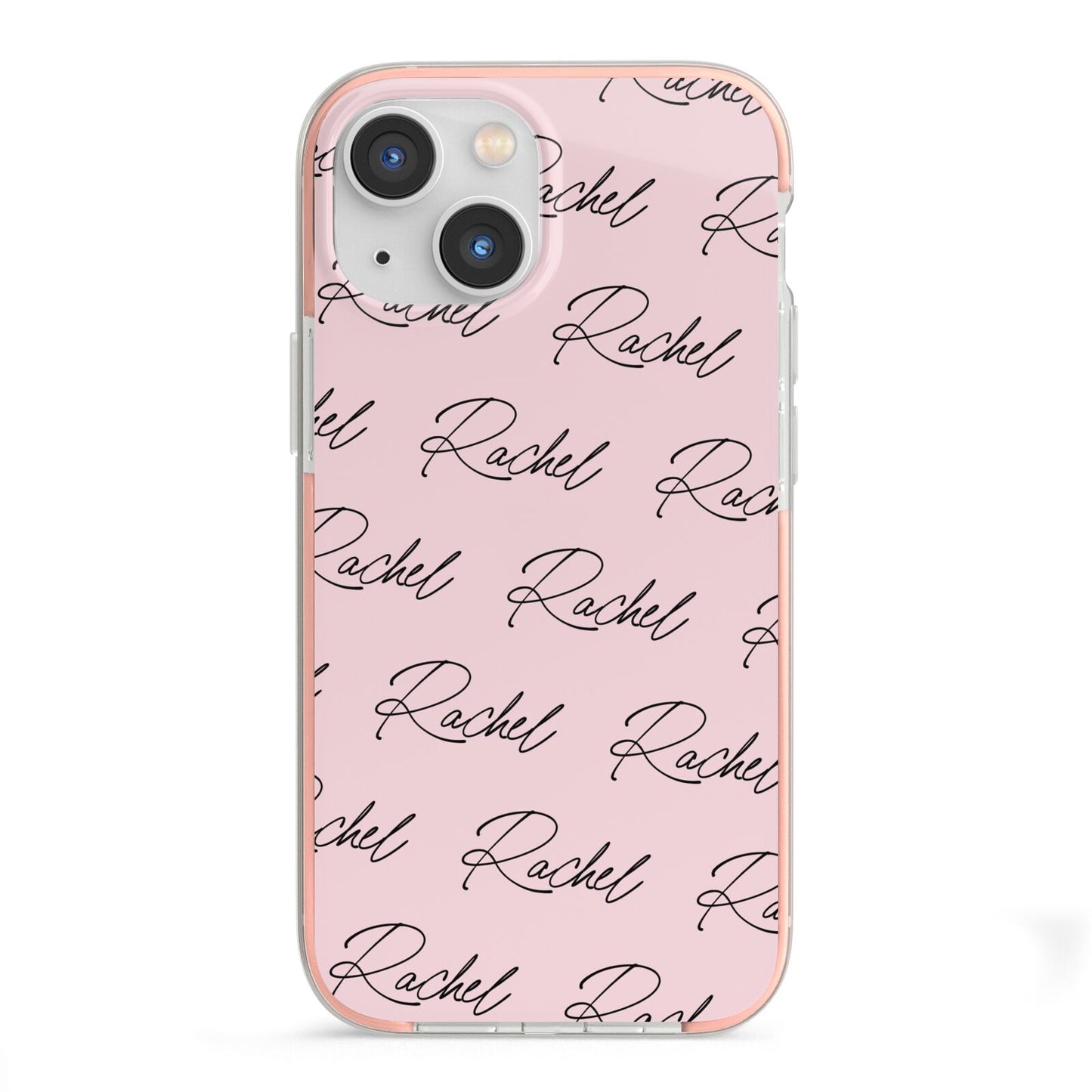 Personalised Pink Script Name Pattern iPhone 13 Mini TPU Impact Case with Pink Edges