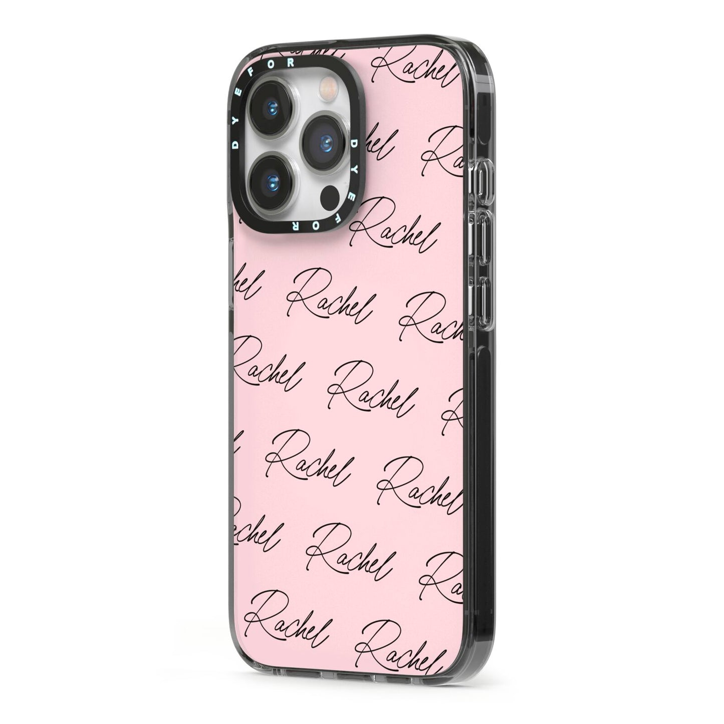 Personalised Pink Script Name Pattern iPhone 13 Pro Black Impact Case Side Angle on Silver phone