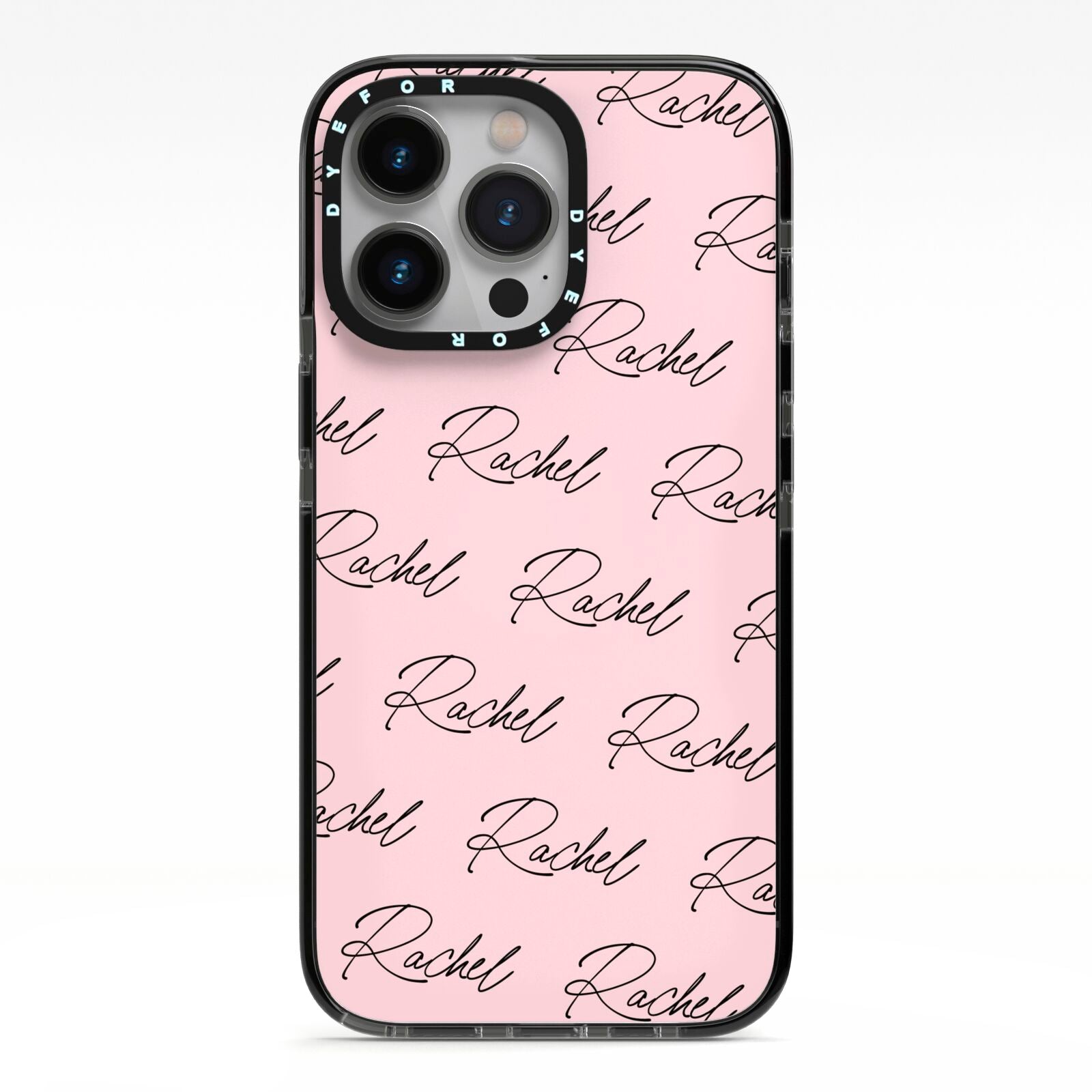 Personalised Pink Script Name Pattern iPhone 13 Pro Black Impact Case on Silver phone