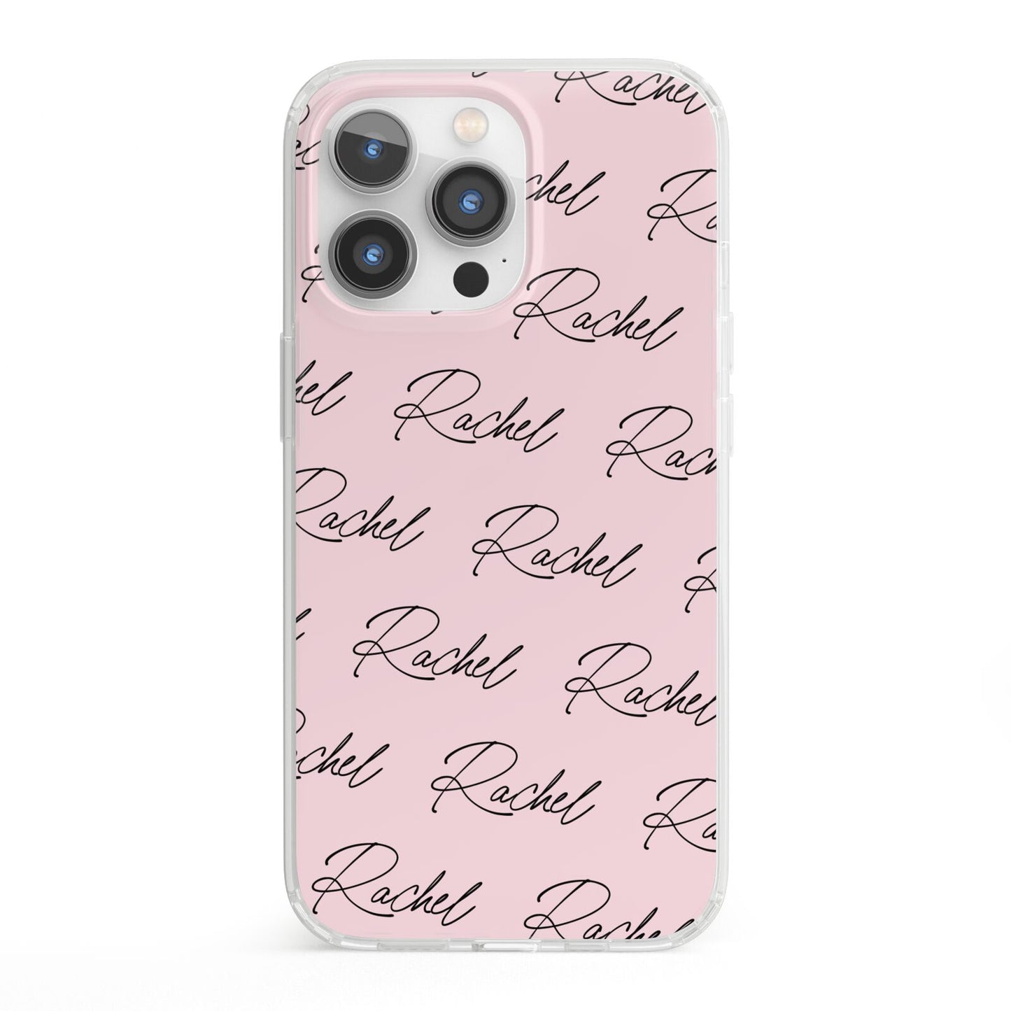 Personalised Pink Script Name Pattern iPhone 13 Pro Clear Bumper Case