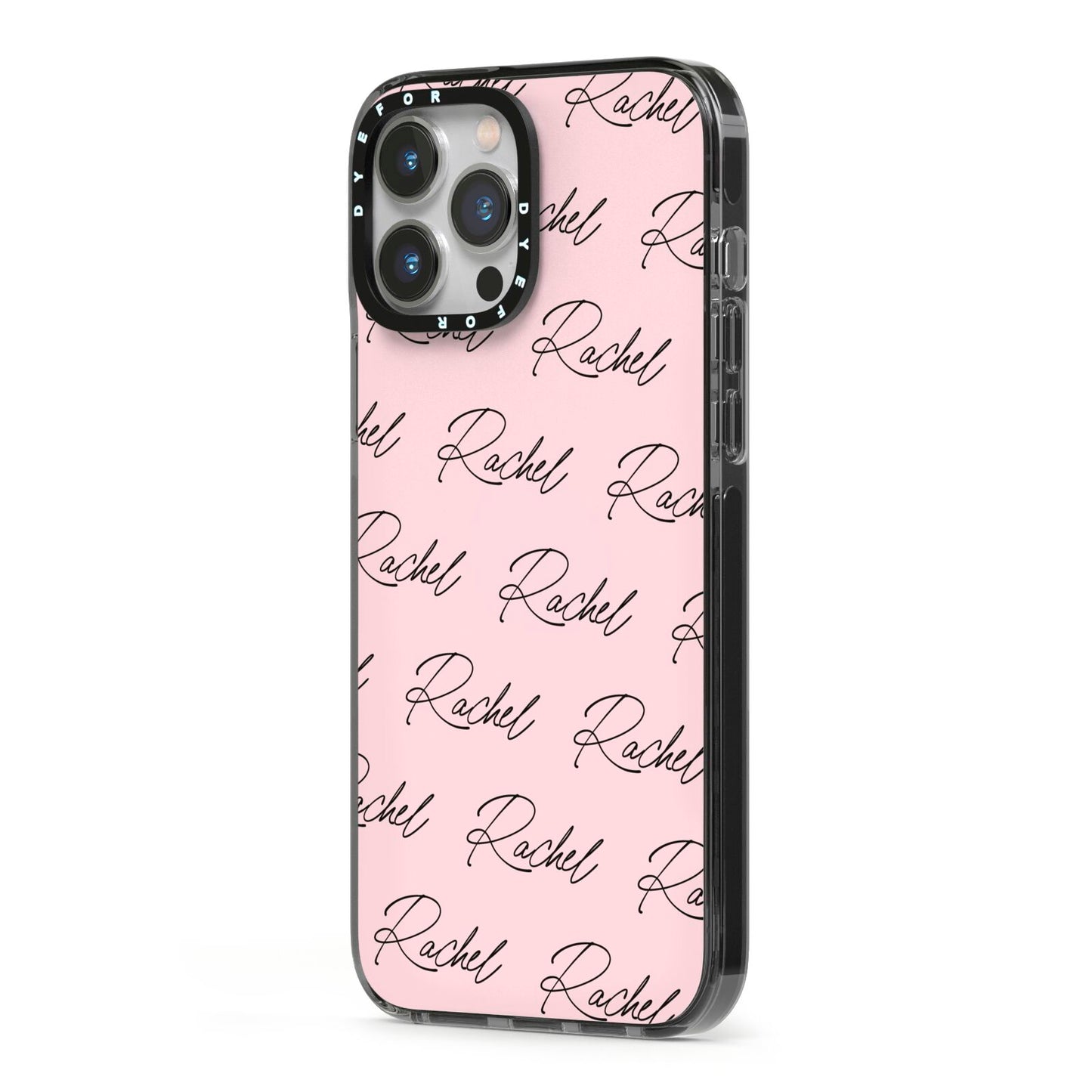 Personalised Pink Script Name Pattern iPhone 13 Pro Max Black Impact Case Side Angle on Silver phone