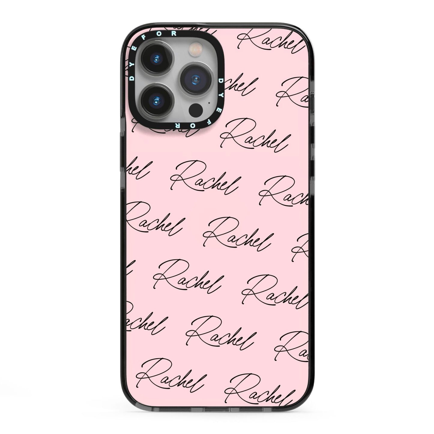 Personalised Pink Script Name Pattern iPhone 13 Pro Max Black Impact Case on Silver phone
