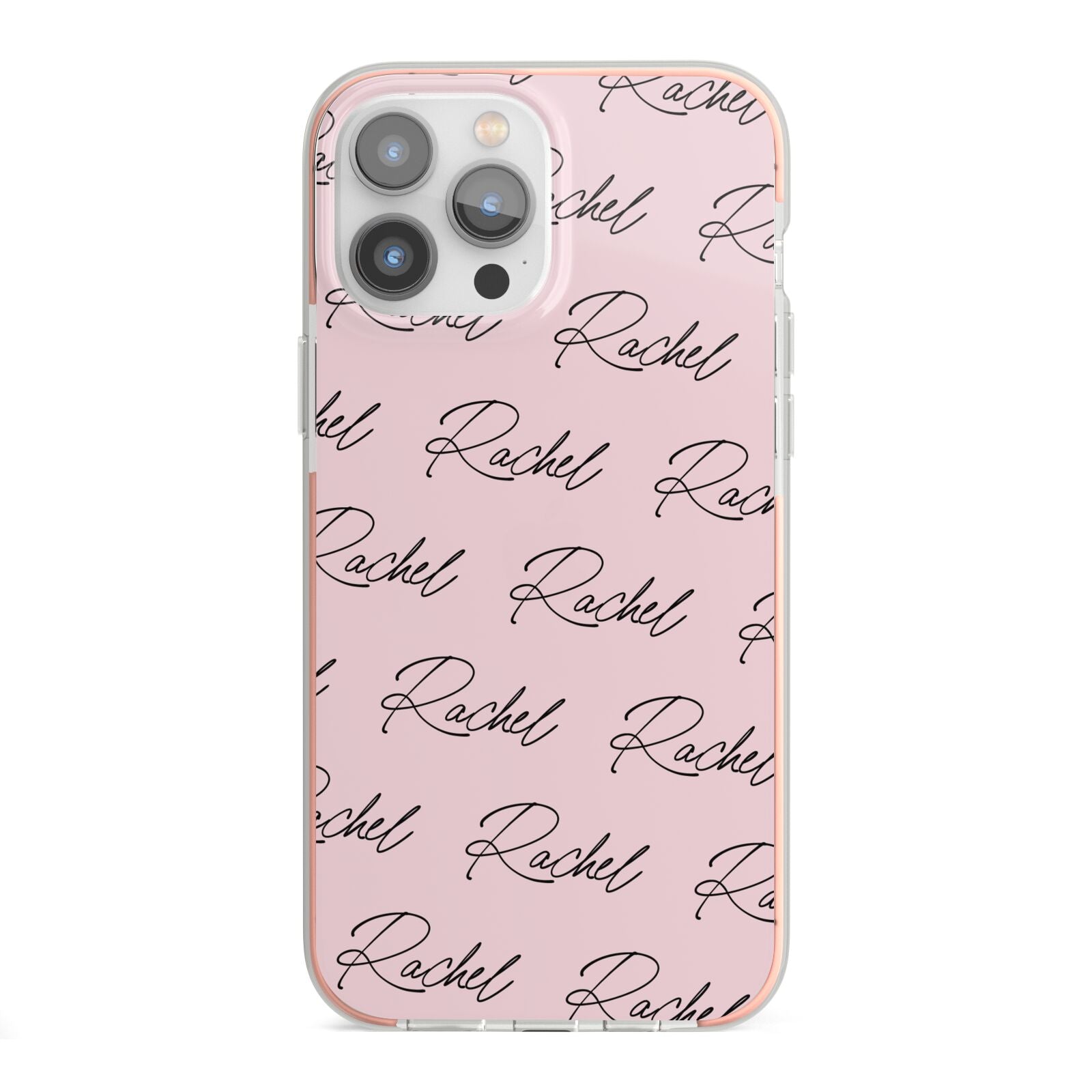 Personalised Pink Script Name Pattern iPhone 13 Pro Max TPU Impact Case with Pink Edges
