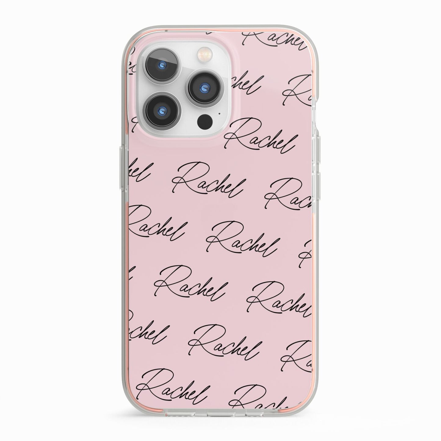 Personalised Pink Script Name Pattern iPhone 13 Pro TPU Impact Case with Pink Edges