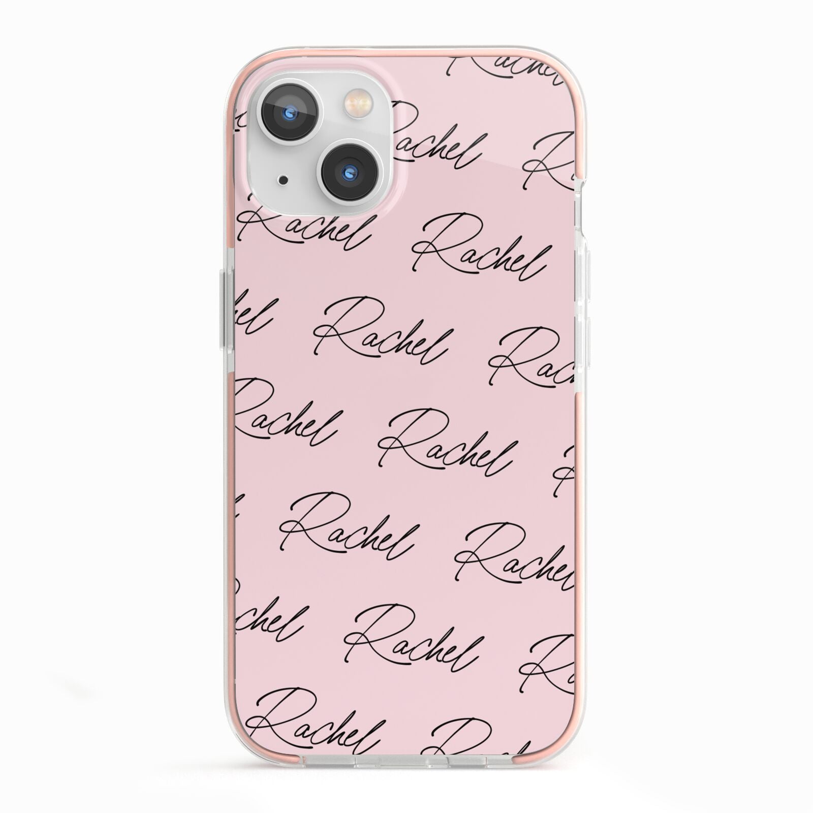 Personalised Pink Script Name Pattern iPhone 13 TPU Impact Case with Pink Edges