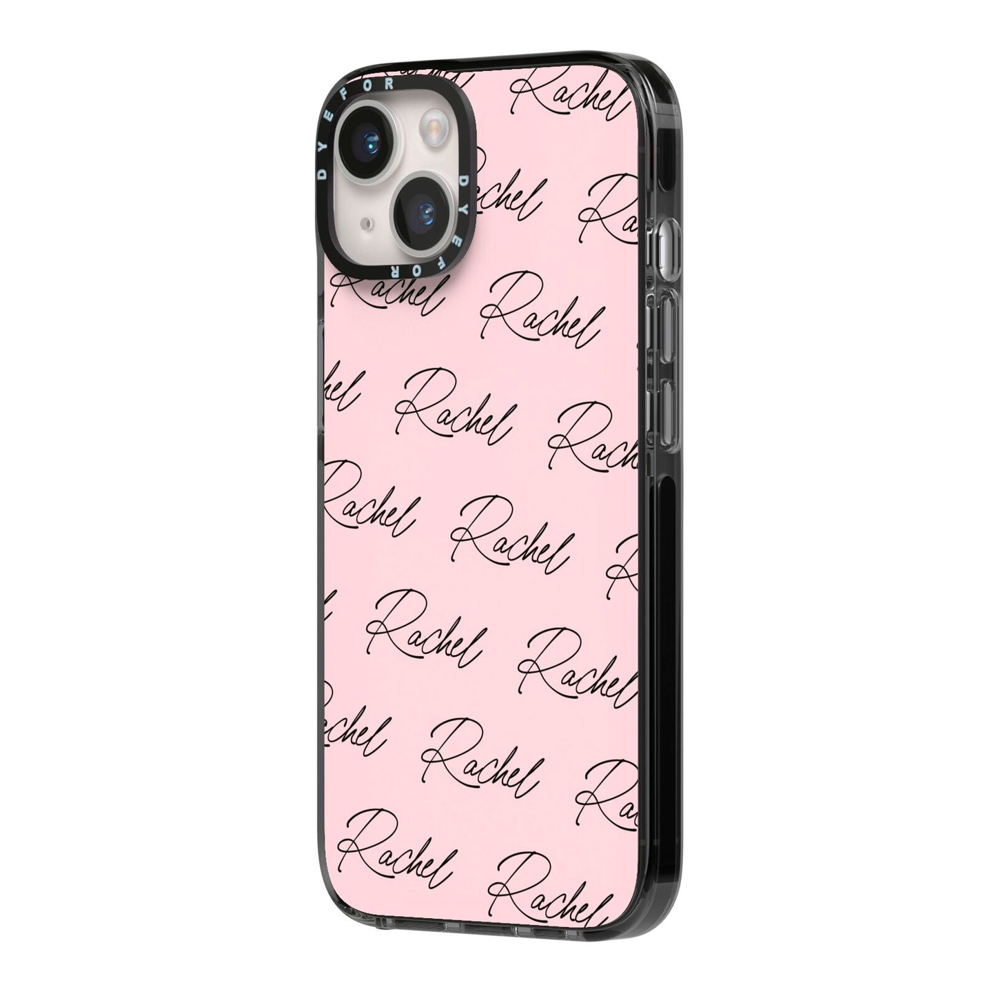 Personalised Pink Script Name Pattern iPhone 14 Black Impact Case Side Angle on Silver phone