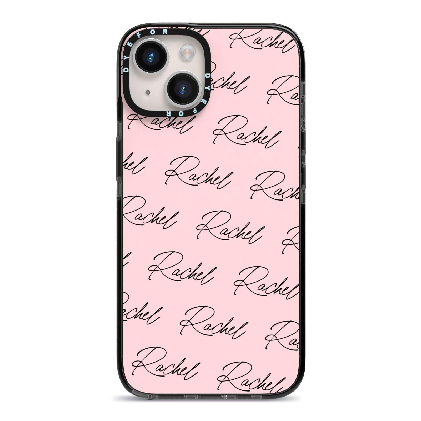 Personalised Pink Script Name Pattern iPhone 14 Black Impact Case on Silver phone