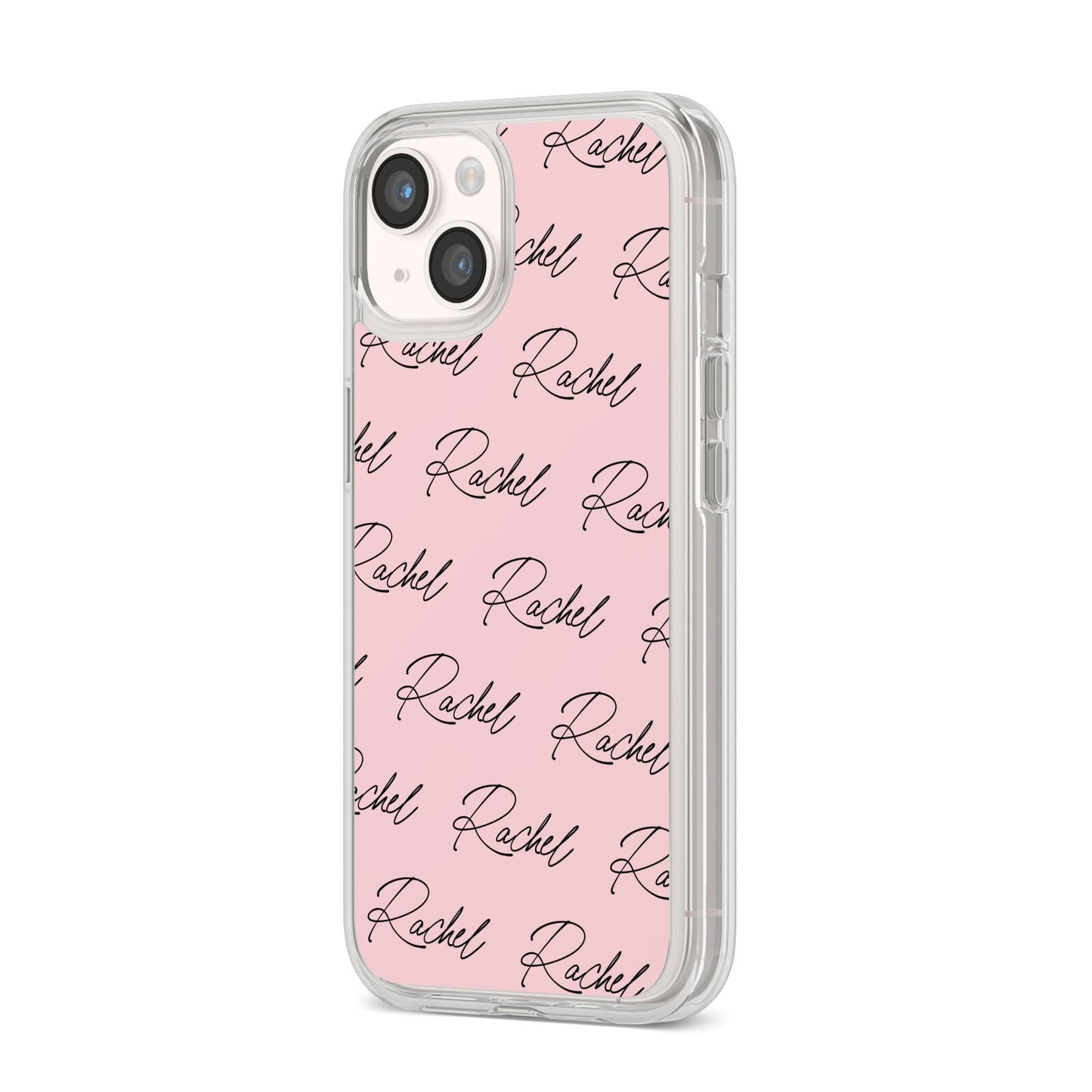 Personalised Pink Script Name Pattern iPhone 14 Clear Tough Case Starlight Angled Image