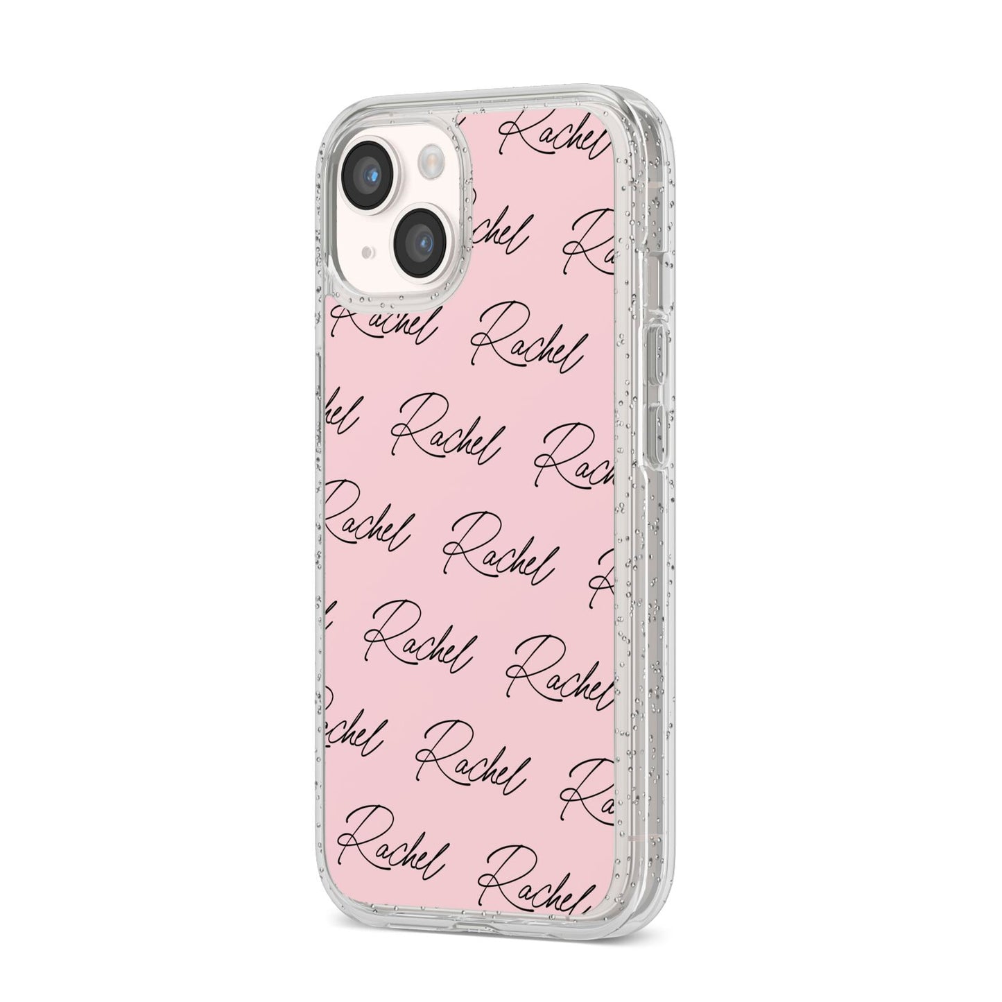 Personalised Pink Script Name Pattern iPhone 14 Glitter Tough Case Starlight Angled Image