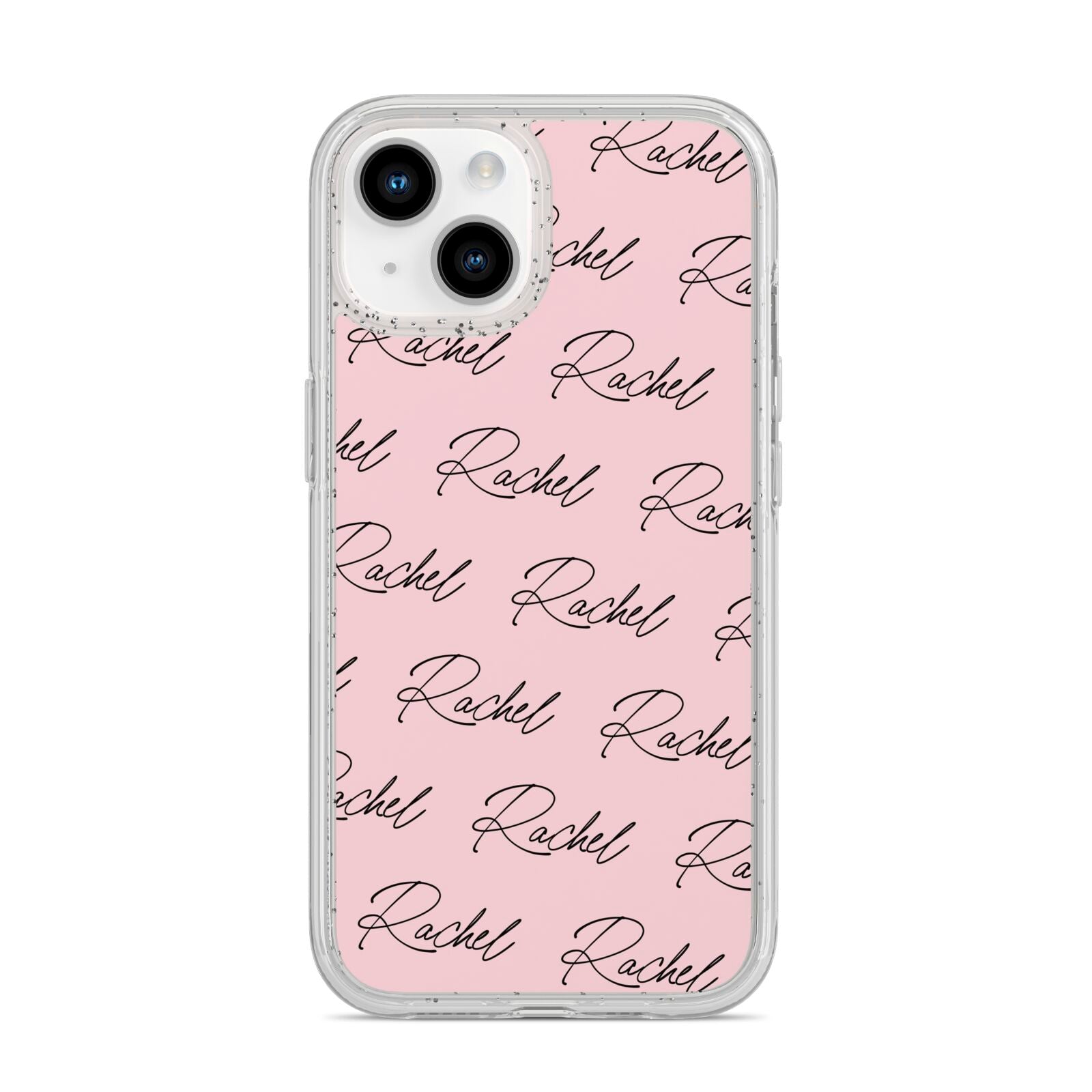 Personalised Pink Script Name Pattern iPhone 14 Glitter Tough Case Starlight
