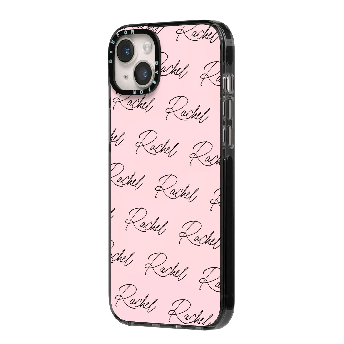 Personalised Pink Script Name Pattern iPhone 14 Plus Black Impact Case Side Angle on Silver phone