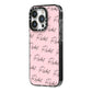 Personalised Pink Script Name Pattern iPhone 14 Pro Black Impact Case Side Angle on Silver phone