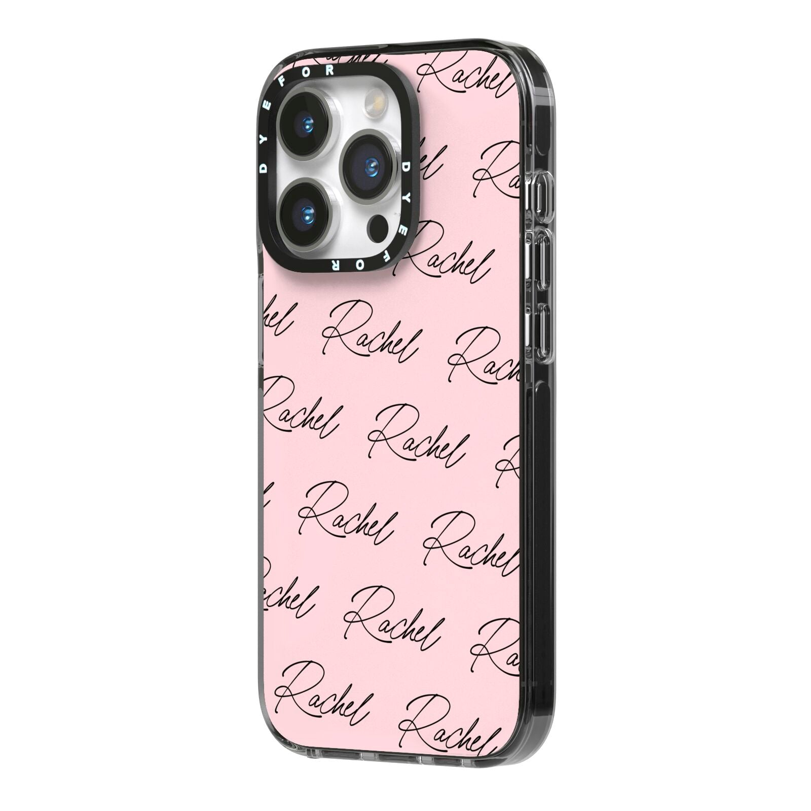 Personalised Pink Script Name Pattern iPhone 14 Pro Black Impact Case Side Angle on Silver phone