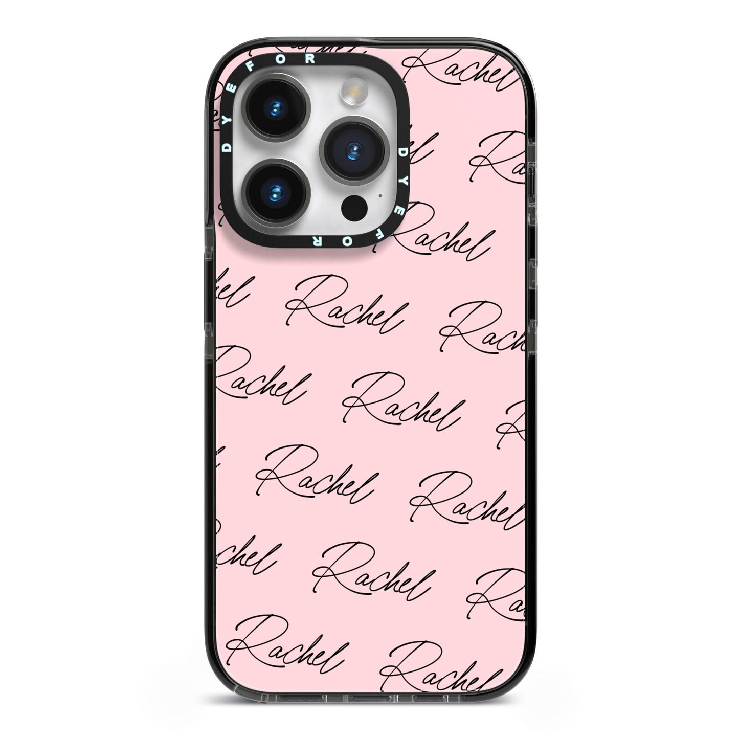 Personalised Pink Script Name Pattern iPhone 14 Pro Black Impact Case on Silver phone