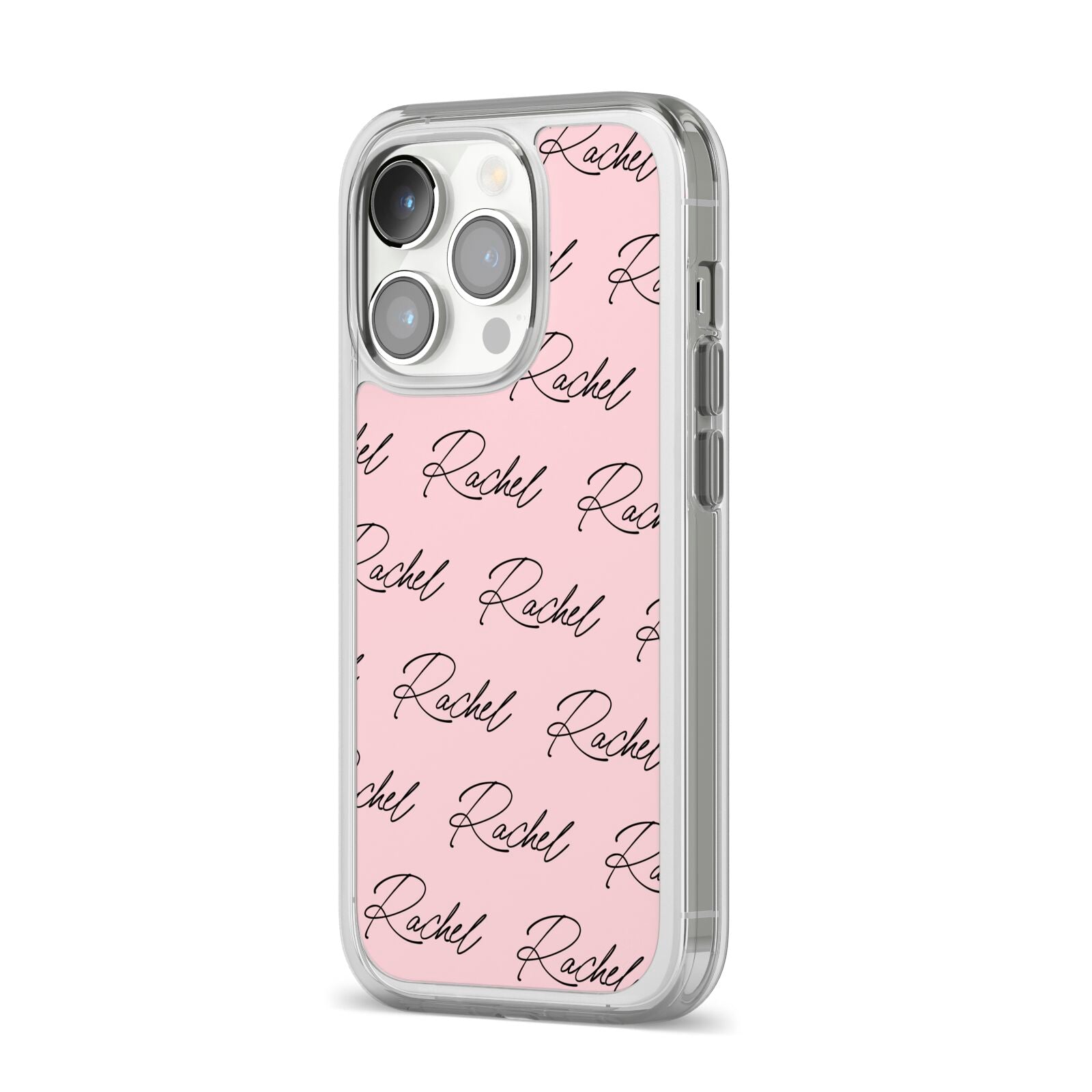 Personalised Pink Script Name Pattern iPhone 14 Pro Clear Tough Case Silver Angled Image