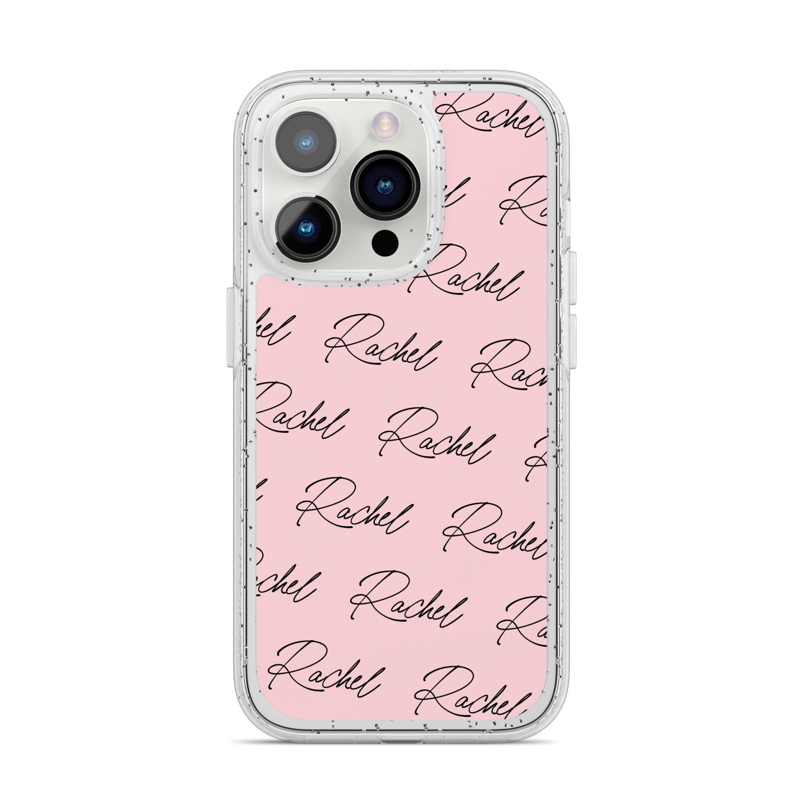 Personalised Pink Script Name Pattern iPhone 14 Pro Glitter Tough Case Silver