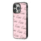 Personalised Pink Script Name Pattern iPhone 14 Pro Max Black Impact Case Side Angle on Silver phone