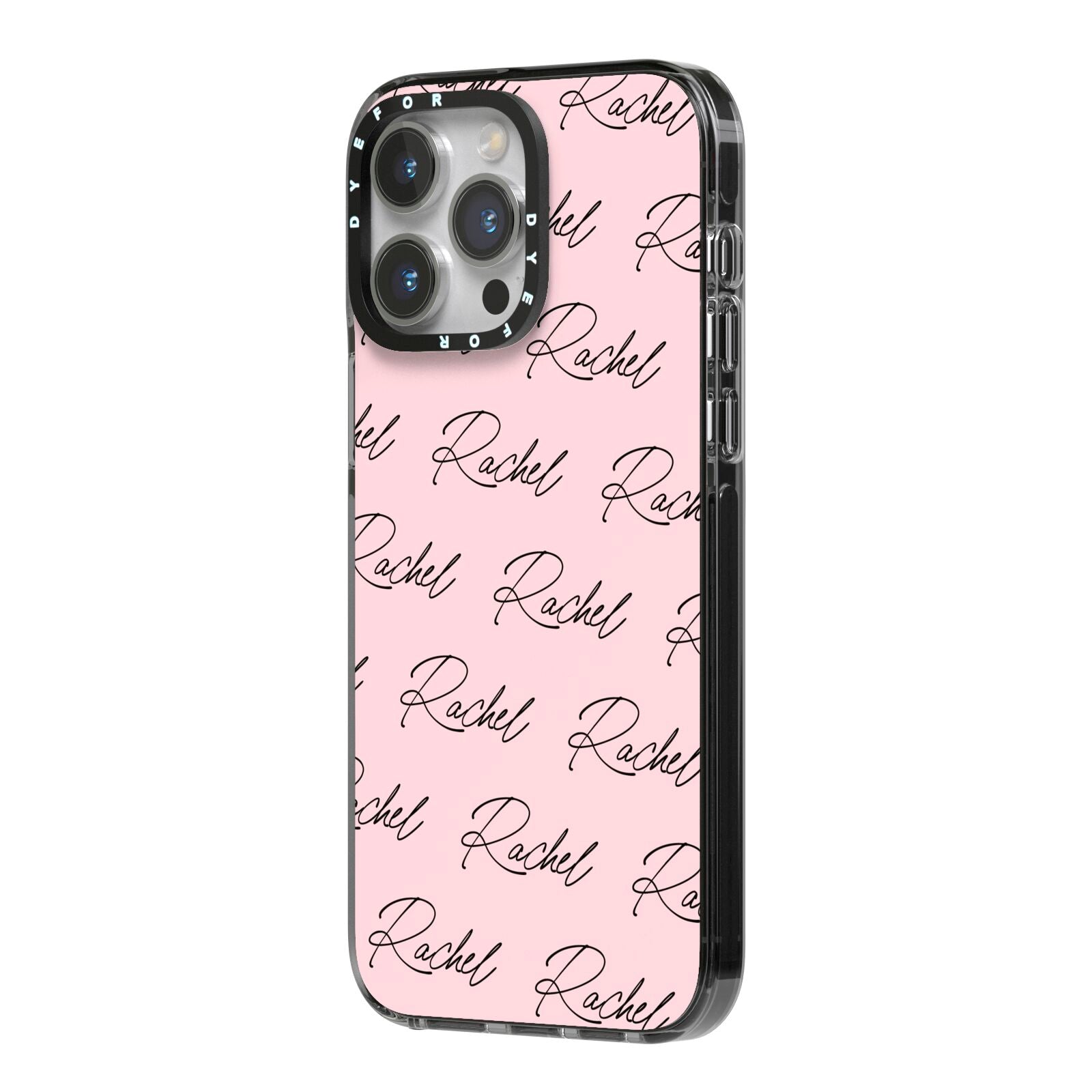 Personalised Pink Script Name Pattern iPhone 14 Pro Max Black Impact Case Side Angle on Silver phone